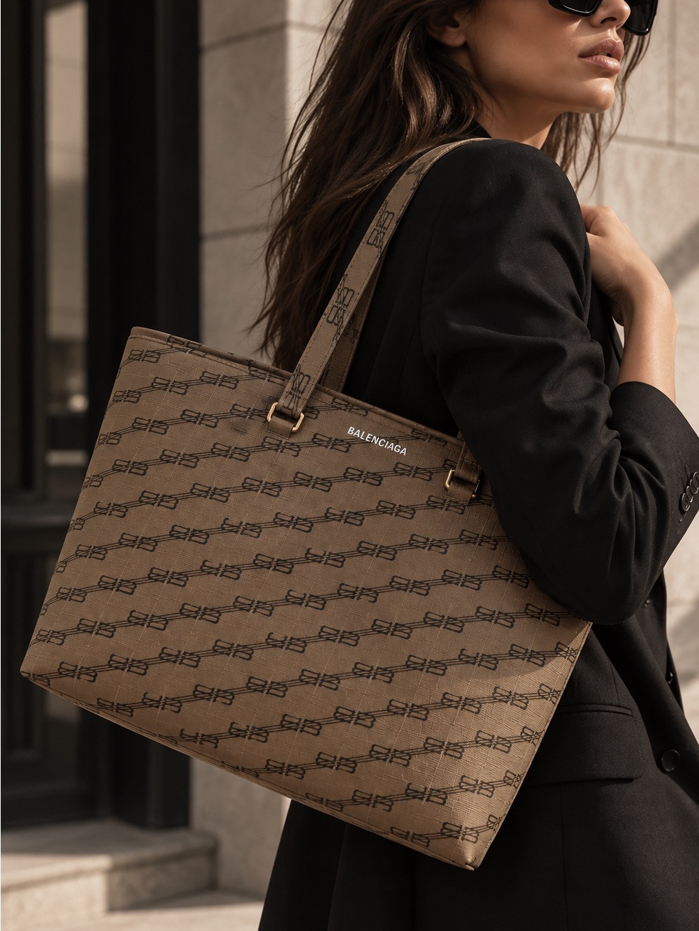 BALENCIAGA Brown and Black Monogram Jacquard Tote NEW
